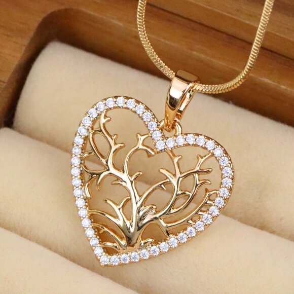 "Rose Gold Heart Pendant with Tree of Life Design and Crystal Border, XPPT1480 - Picture 1 of 12